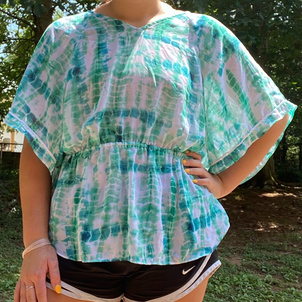 A.n.a Teal tie dyed blouse with cinched waist